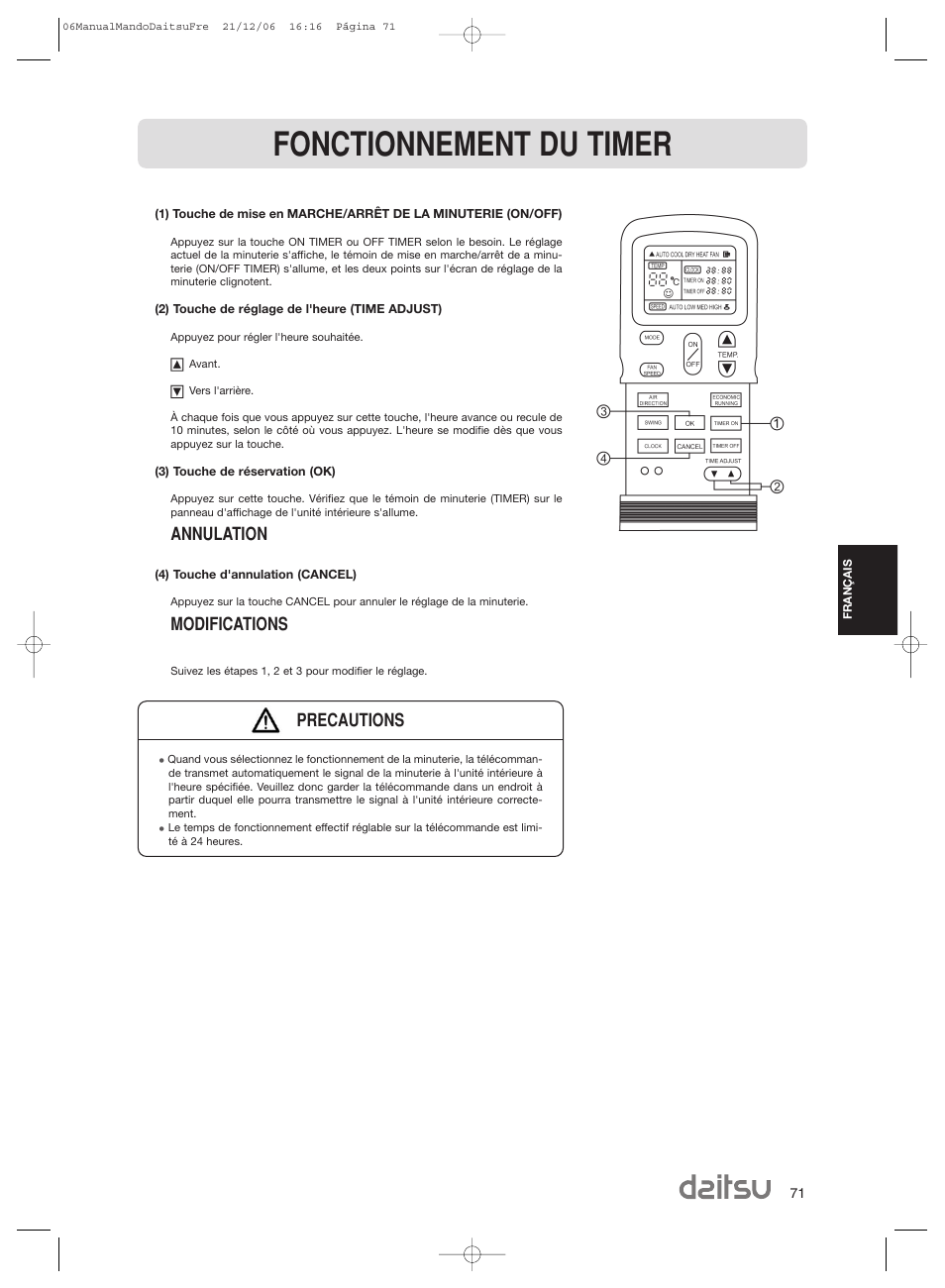Fonctionnement du timer, Annulation, Modifications | Precautions | Daitsu ASD 129U11 User Manual | Page 73 / 98
