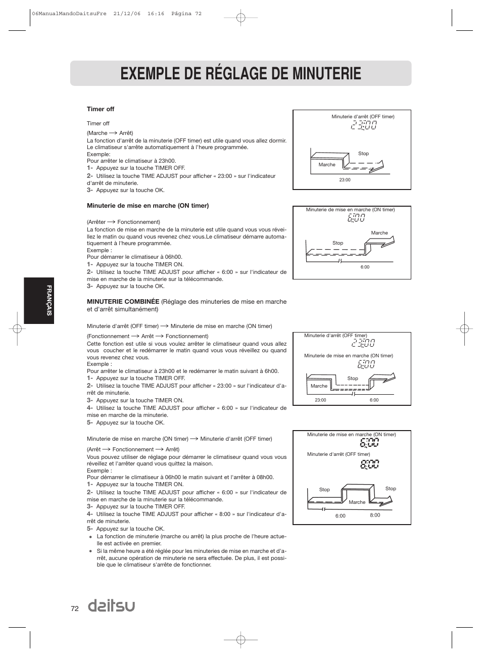 Exemple de réglage de minuterie | Daitsu ASD 129U11 User Manual | Page 74 / 98