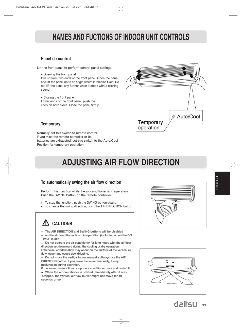 Panel de control, Temporary, Cautions | Daitsu ASD 129U11 User Manual | Page 79 / 98