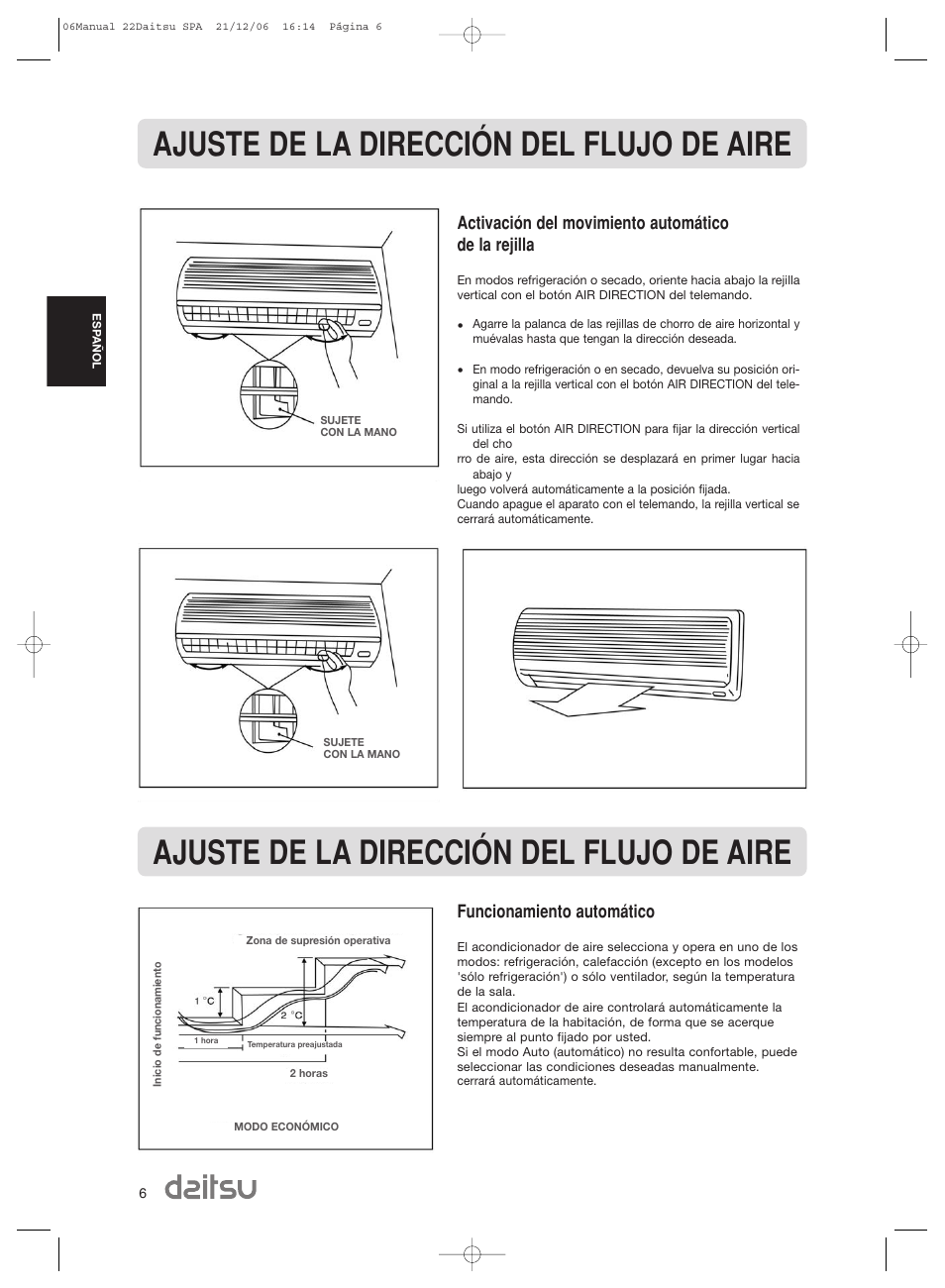 Ajuste de la dirección del flujo de aire, Activación del movimiento automático de la rejilla, Funcionamiento automático | Daitsu ASD 129U11 User Manual | Page 8 / 98