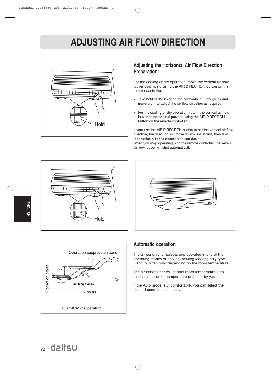 Adjusting air flow direction, Automatic operation | Daitsu ASD 129U11 User Manual | Page 80 / 98