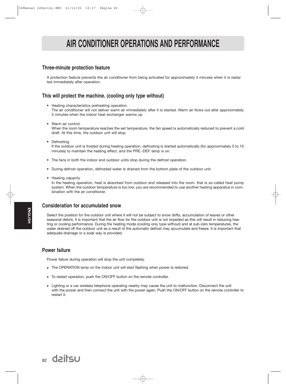 Air conditioner operations and performance, Three-minute protection feature, Consideration for accumulated snow | Power failure | Daitsu ASD 129U11 User Manual | Page 84 / 98