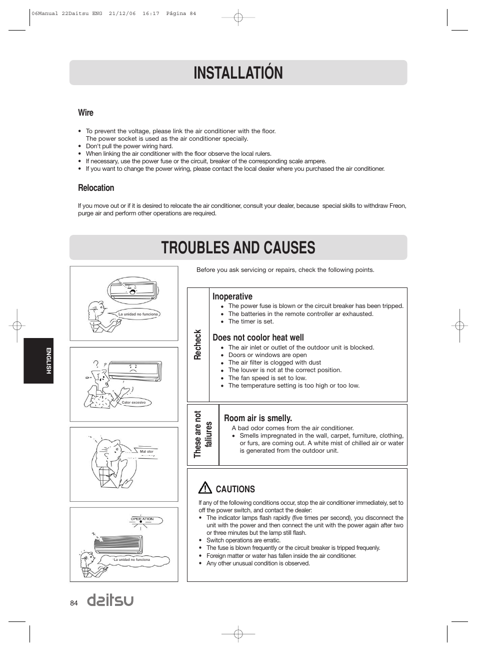 Installatión, Troubles and causes, Inoperative | Does not coolor heat well, Room air is smelly, Wire, Relocation, Recheck these are not faliures cautions | Daitsu ASD 129U11 User Manual | Page 86 / 98