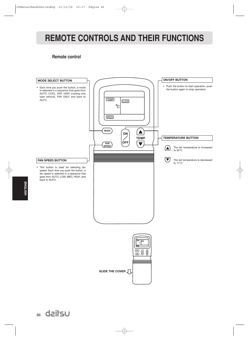 Remote controls and their functions, Remote control | Daitsu ASD 129U11 User Manual | Page 88 / 98