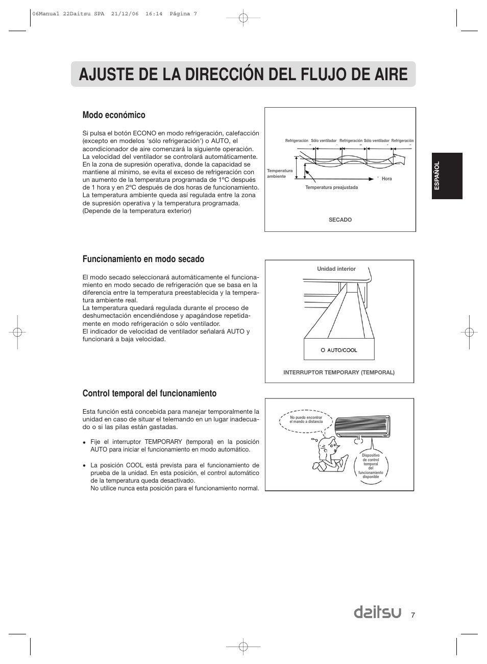 Ajuste de la dirección del flujo de aire, Modo económico, Funcionamiento en modo secado | Control temporal del funcionamiento | Daitsu ASD 129U11 User Manual | Page 9 / 98
