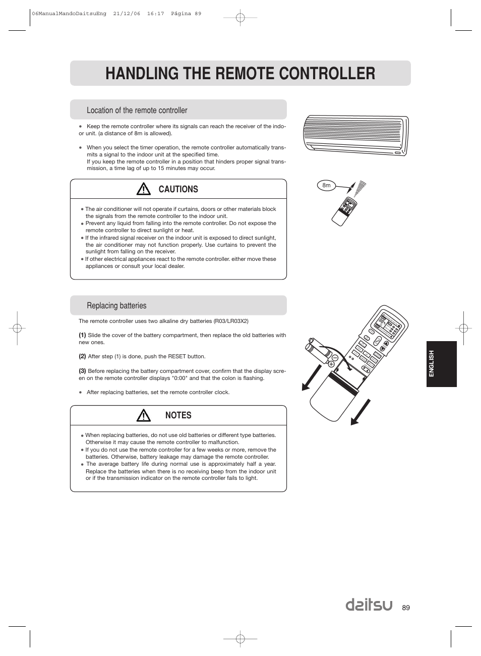 Handling the remote controller, Cautions, Location of the remote controller | Replacing batteries | Daitsu ASD 129U11 User Manual | Page 91 / 98