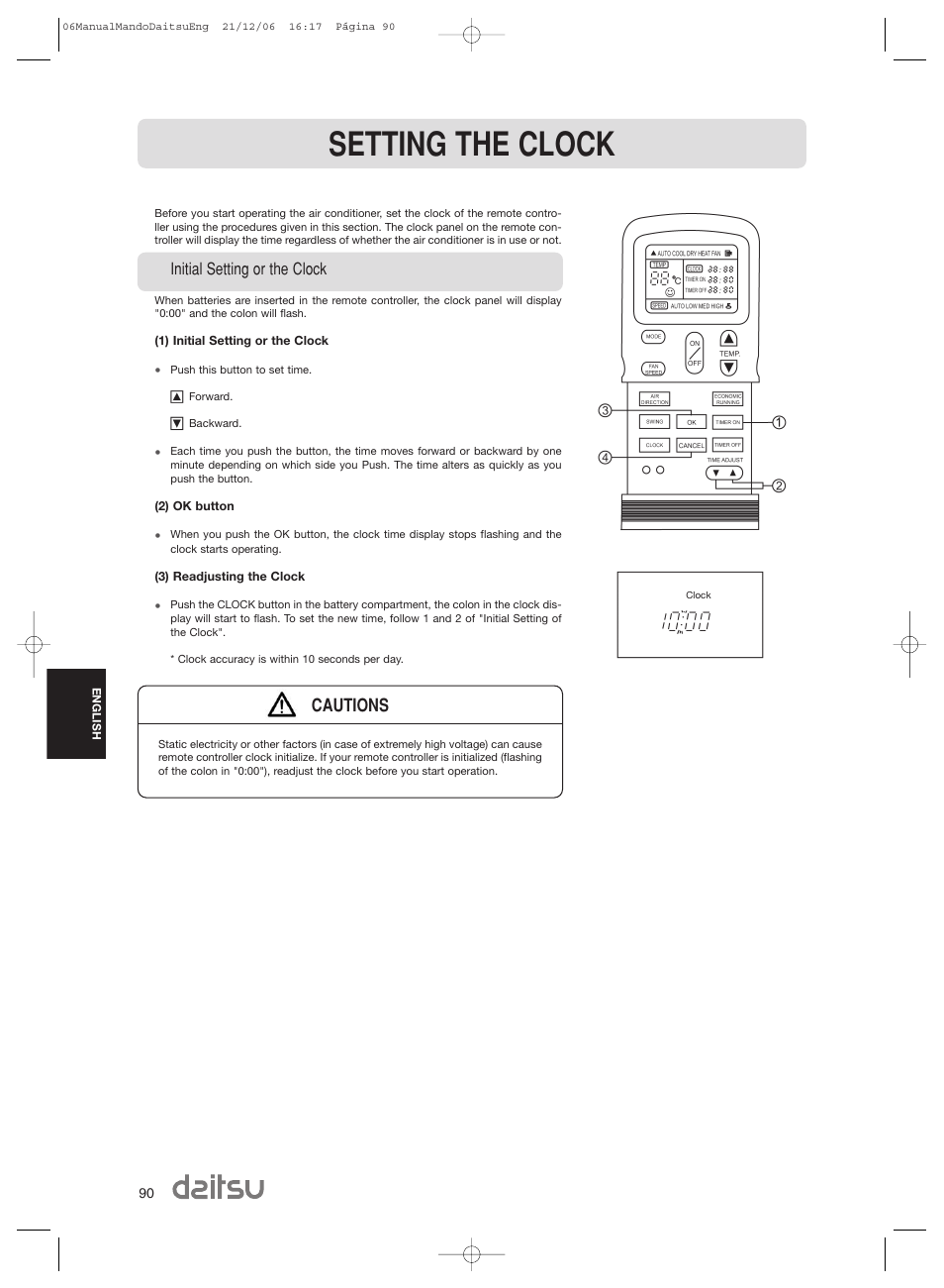 Setting the clock, Cautions | Daitsu ASD 129U11 User Manual | Page 92 / 98
