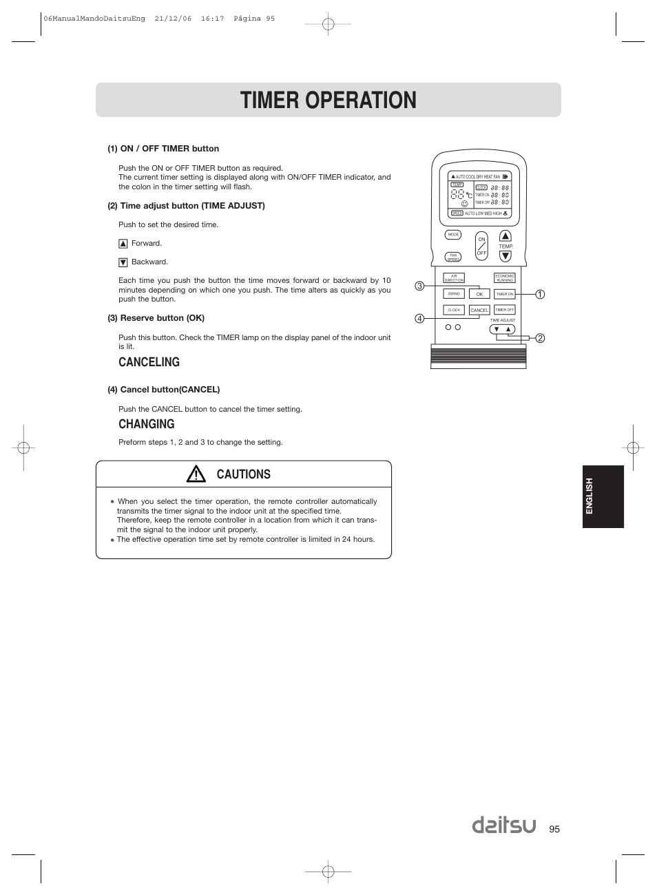 Timer operation, Canceling, Changing | Cautions | Daitsu ASD 129U11 User Manual | Page 97 / 98