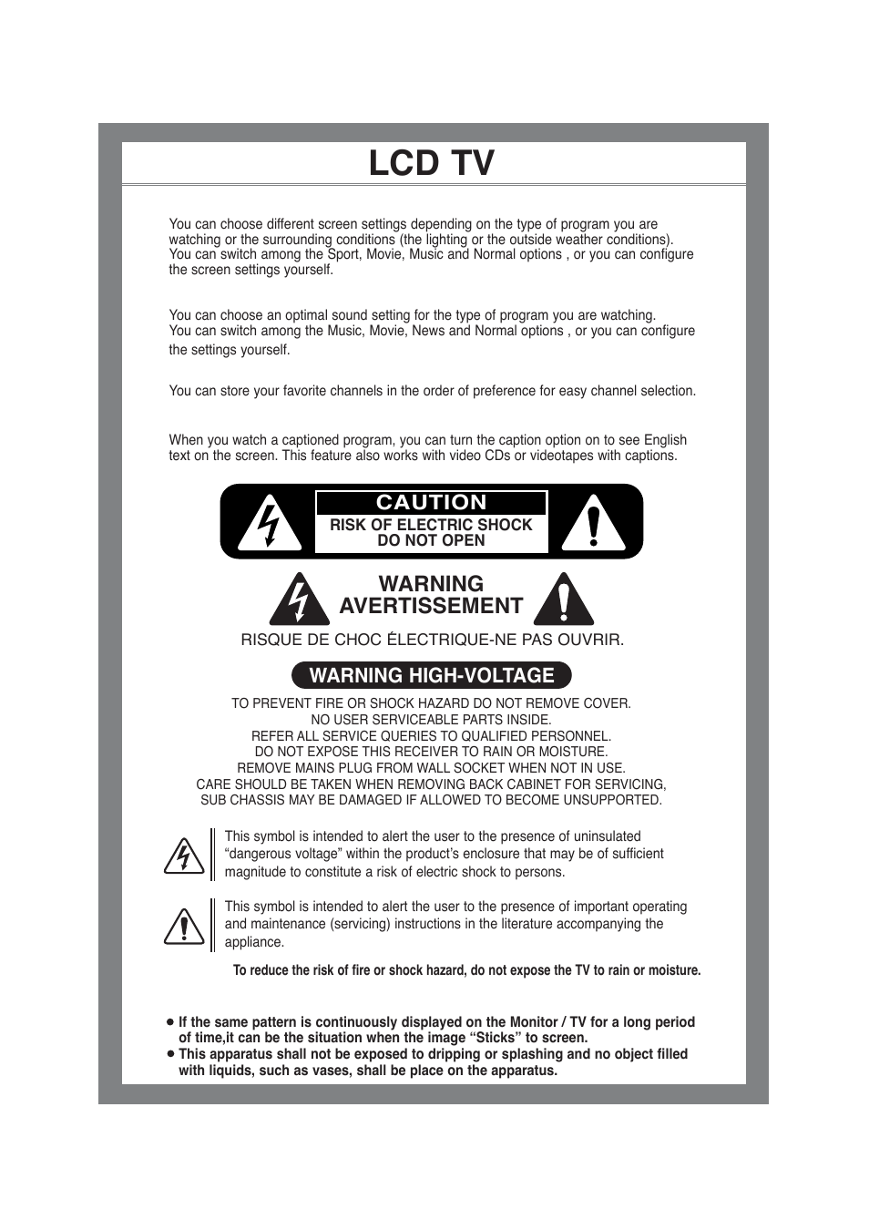 Lcd tv, Warning avertissement, Caution warning high-voltage | Daitsu LCD 32 User Manual | Page 2 / 40