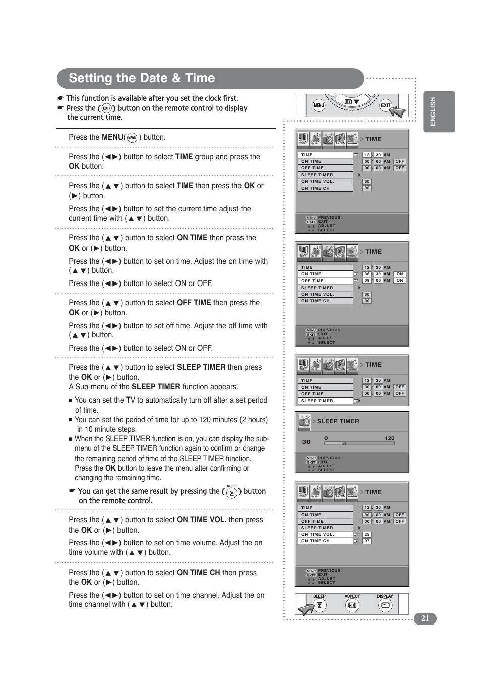 Setting the date & time, Button. press the, Button | Daitsu LCD 32 User Manual | Page 21 / 40
