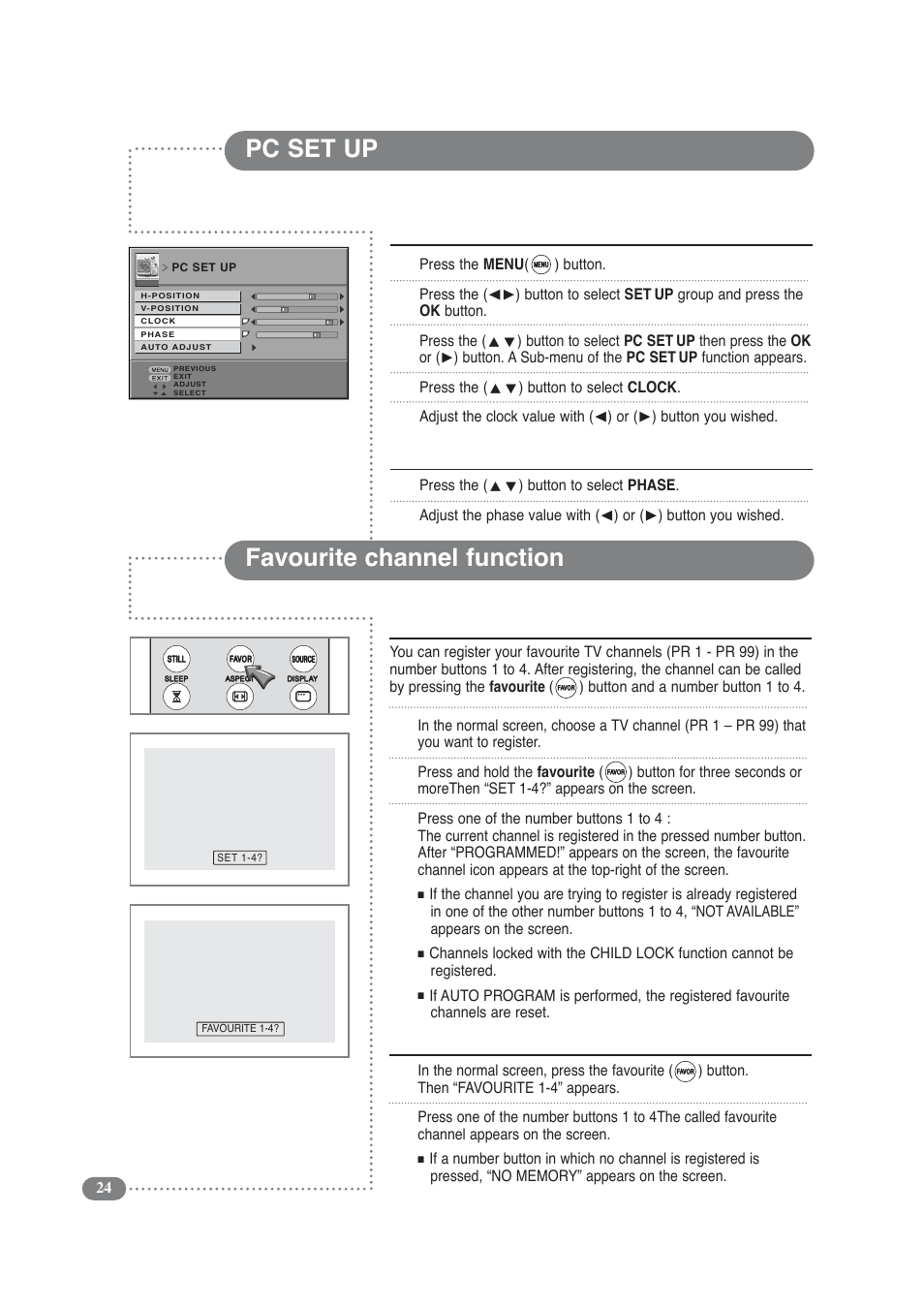 Pc set up, Favourite channel function, 1 2 adjusting the phase | 12 3 favourite channel registration, 12 calling the favourite channel | Daitsu LCD 32 User Manual | Page 24 / 40