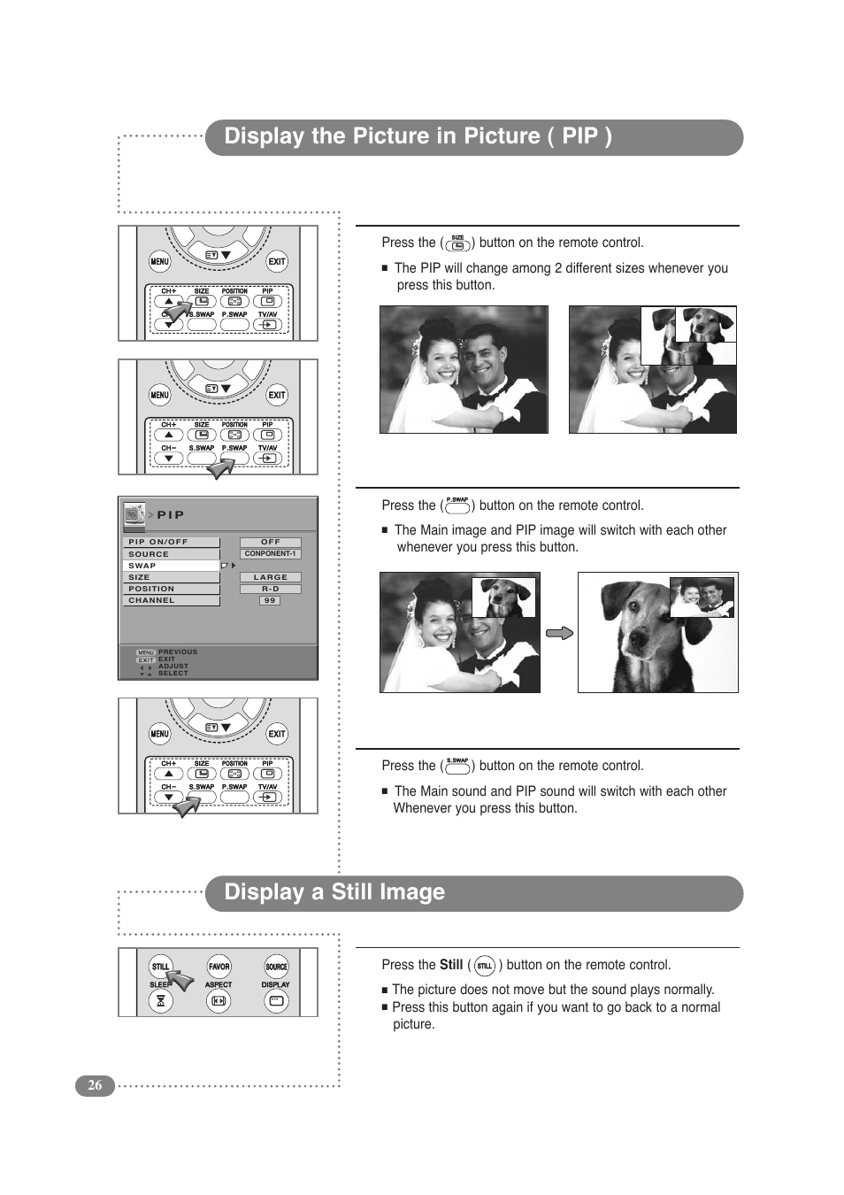 Display the picture in picture ( pip ), Display a still image, Changing the pip size | 1swapping the main & sub-picture, 1swapping the main & sub-sound | Daitsu LCD 32 User Manual | Page 26 / 40