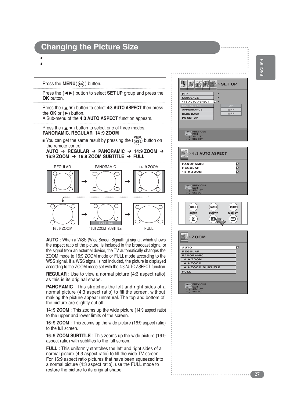 Changing the picture size, Setup your auto aspect | Daitsu LCD 32 User Manual | Page 27 / 40