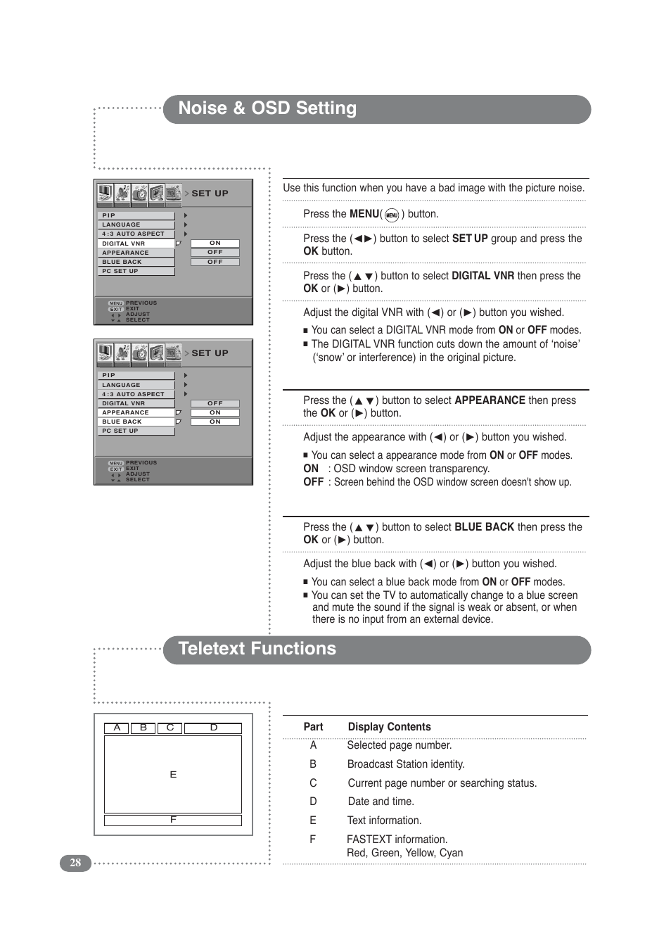 Noise & osd setting teletext functions, Functions of the teletext, Reducing picture noise (digital vnr) | 1 2 3 4 osd appearance, 12 changing the blue back screen | Daitsu LCD 32 User Manual | Page 28 / 40
