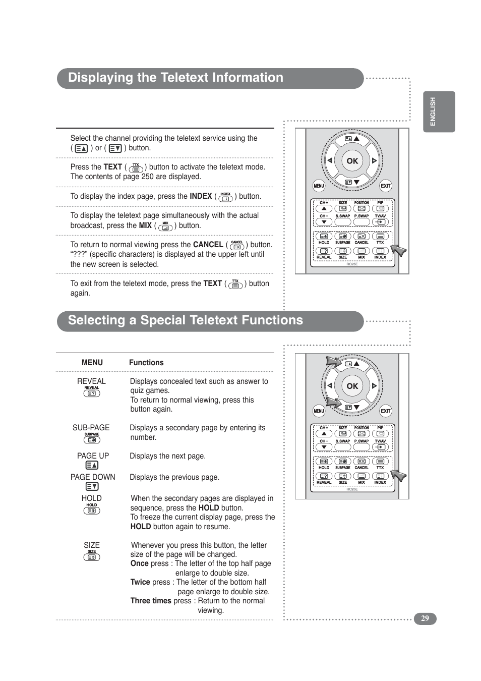 Displaying the teletext information, Selecting a special teletext functions | Daitsu LCD 32 User Manual | Page 29 / 40