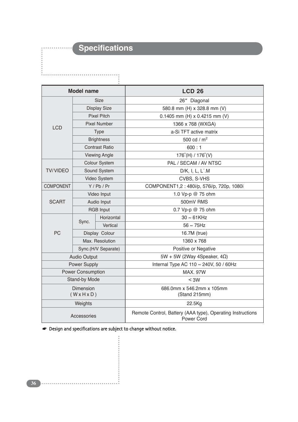 Specifications | Daitsu LCD 32 User Manual | Page 36 / 40