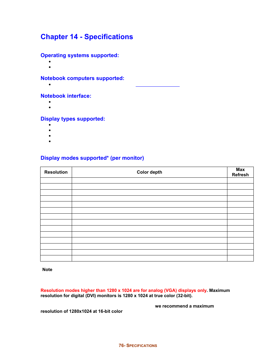 Chapter 14 - specifications | Digital Tigers SideCar MMS Series User Manual | Page 80 / 83