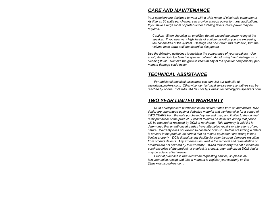 Care and maintenance, Technical assistance, Two year limited warranty | DCM Speakers TB1010 User Manual | Page 2 / 10