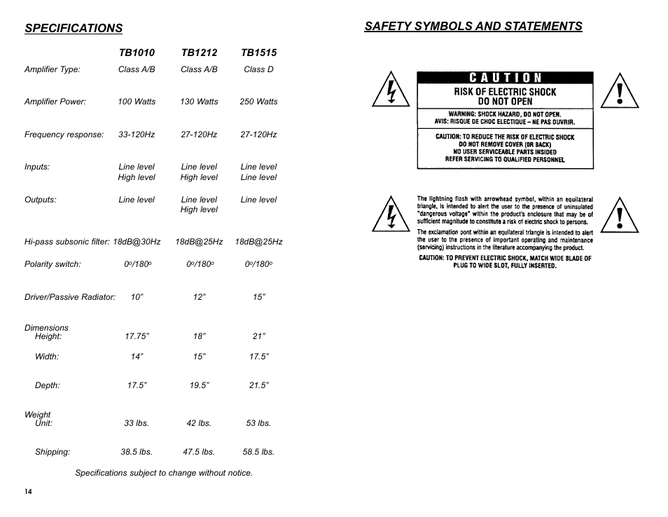 Specifications, Safety symbols and statements | DCM Speakers TB1010 User Manual | Page 3 / 10