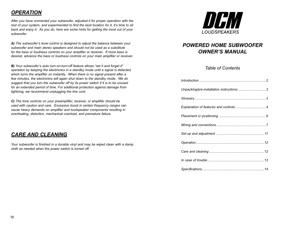 Powered home subwoofer owner’s manual, Operation, Care and cleaning | DCM Speakers TB1010 User Manual | Page 5 / 10