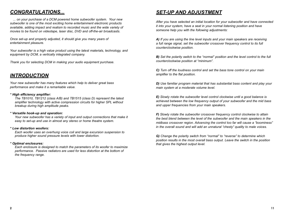 Introduction, Set-up and adjustment | DCM Speakers TB1010 User Manual | Page 6 / 10