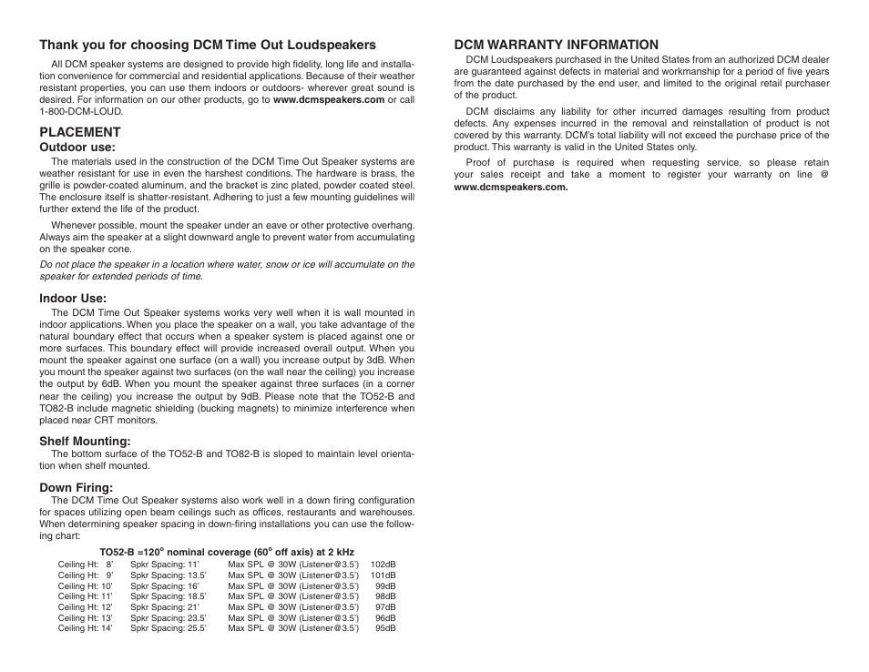 Placement, Dcm warranty information | DCM Speakers TO52-B User Manual | Page 2 / 4