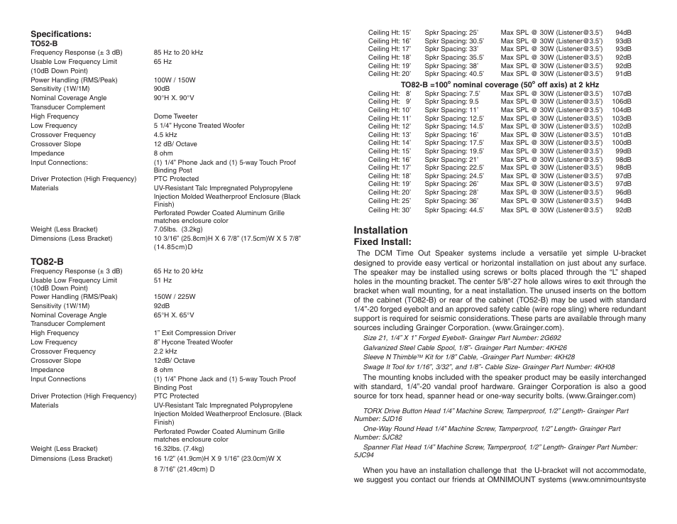 Installation, Fixed install, To82-b | DCM Speakers TO52-B User Manual | Page 3 / 4