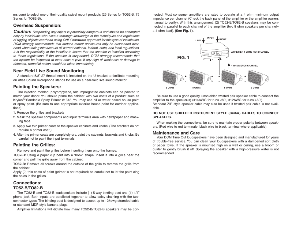 Overhead suspension: caution, Near field live sound monitoring, Painting the speakers | Painting the grilles, Connections, Fig. 1, Maintenance and care | DCM Speakers TO52-B User Manual | Page 4 / 4