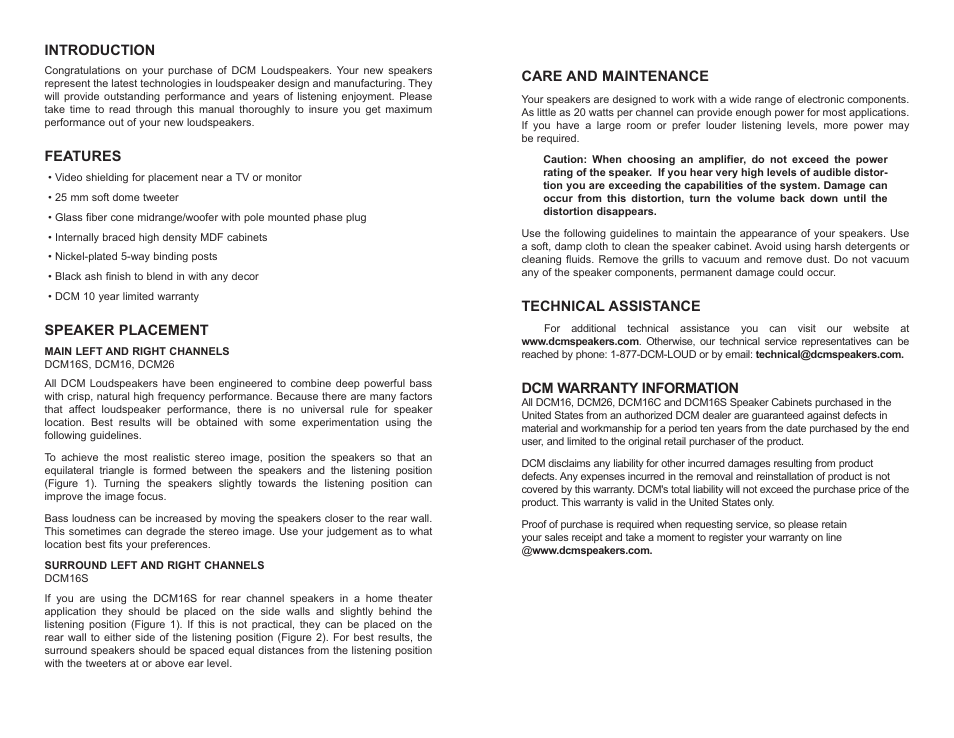 Introduction, Features, Speaker placement | Care and maintenance, Technical assistance, Dcm warranty information | DCM Speakers DCM26 User Manual | Page 2 / 4