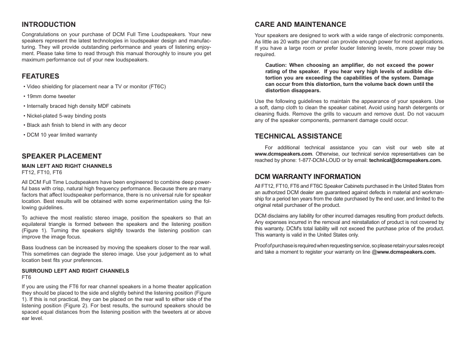 Introduction, Features, Speaker placement | Care and maintenance, Technical assistance, Dcm warranty information | DCM Speakers FT6 User Manual | Page 2 / 4