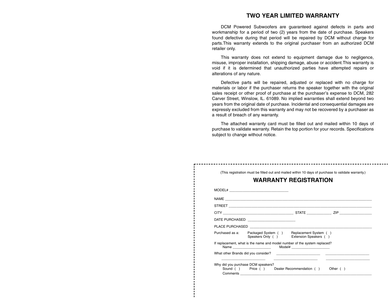 Two year limited warranty, Warranty registration | DCM Speakers DCM1010 User Manual | Page 2 / 10