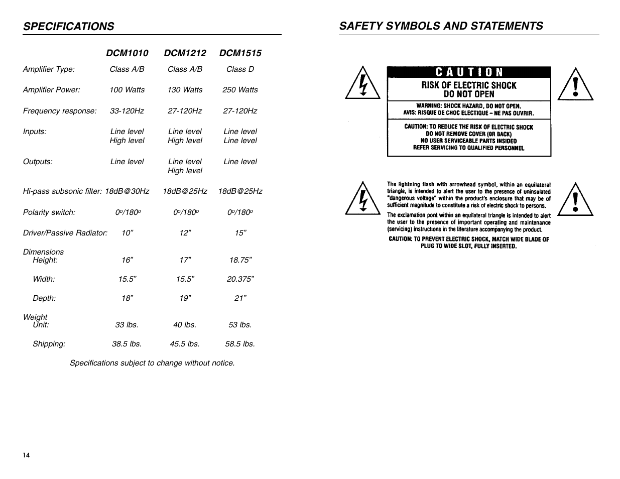 Safety symbols and statements, Specifications | DCM Speakers DCM1010 User Manual | Page 3 / 10