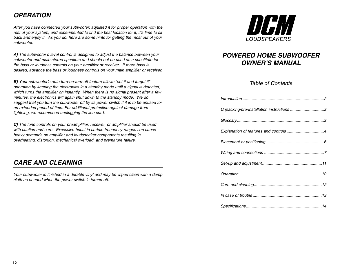 Powered home subwoofer owner’s manual, Operation, Care and cleaning | DCM Speakers DCM1010 User Manual | Page 5 / 10