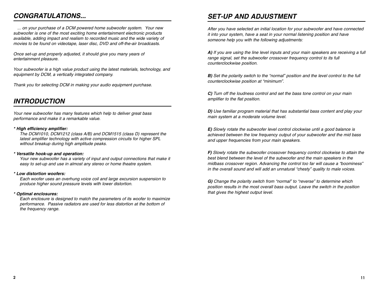 Introduction, Set-up and adjustment | DCM Speakers DCM1010 User Manual | Page 6 / 10