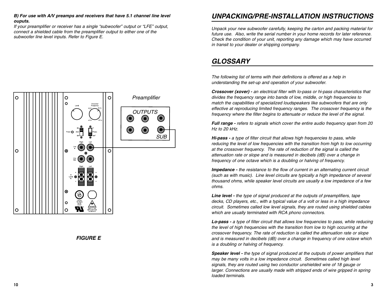 Unpacking/pre-installation instructions, Glossary | DCM Speakers DCM1010 User Manual | Page 7 / 10