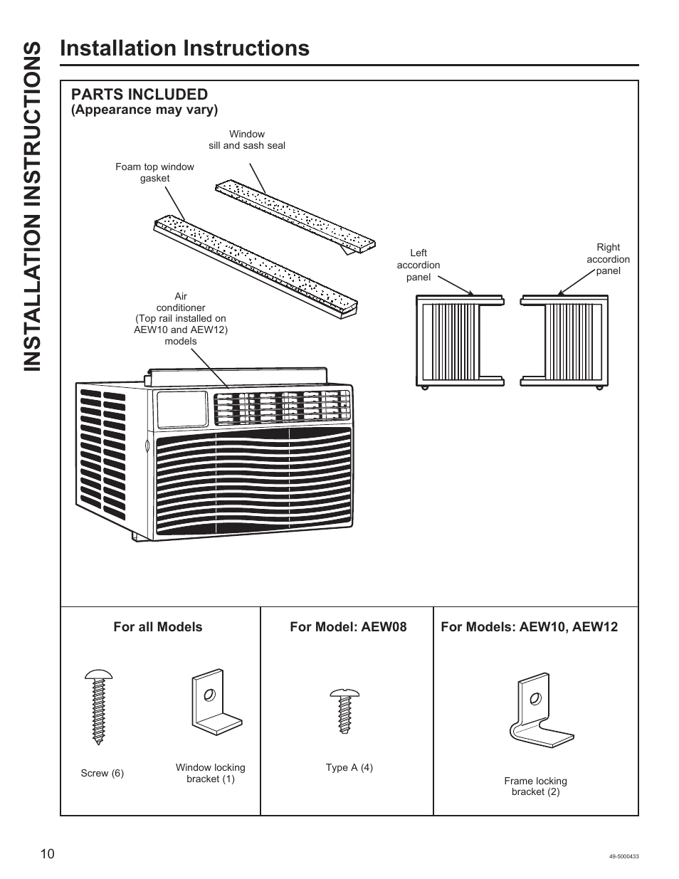 Parts included | GE 8,050 BTU Smart Window Air Conditioner Installation Instructions User Manual | Page 10 / 40