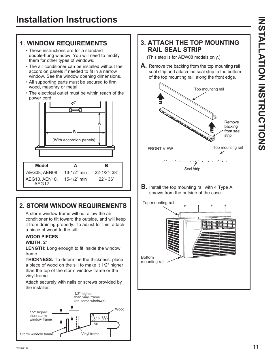 Window requirements, Storm window requirements, Attach the top mounting rail seal strip | GE 8,050 BTU Smart Window Air Conditioner Installation Instructions User Manual | Page 11 / 40