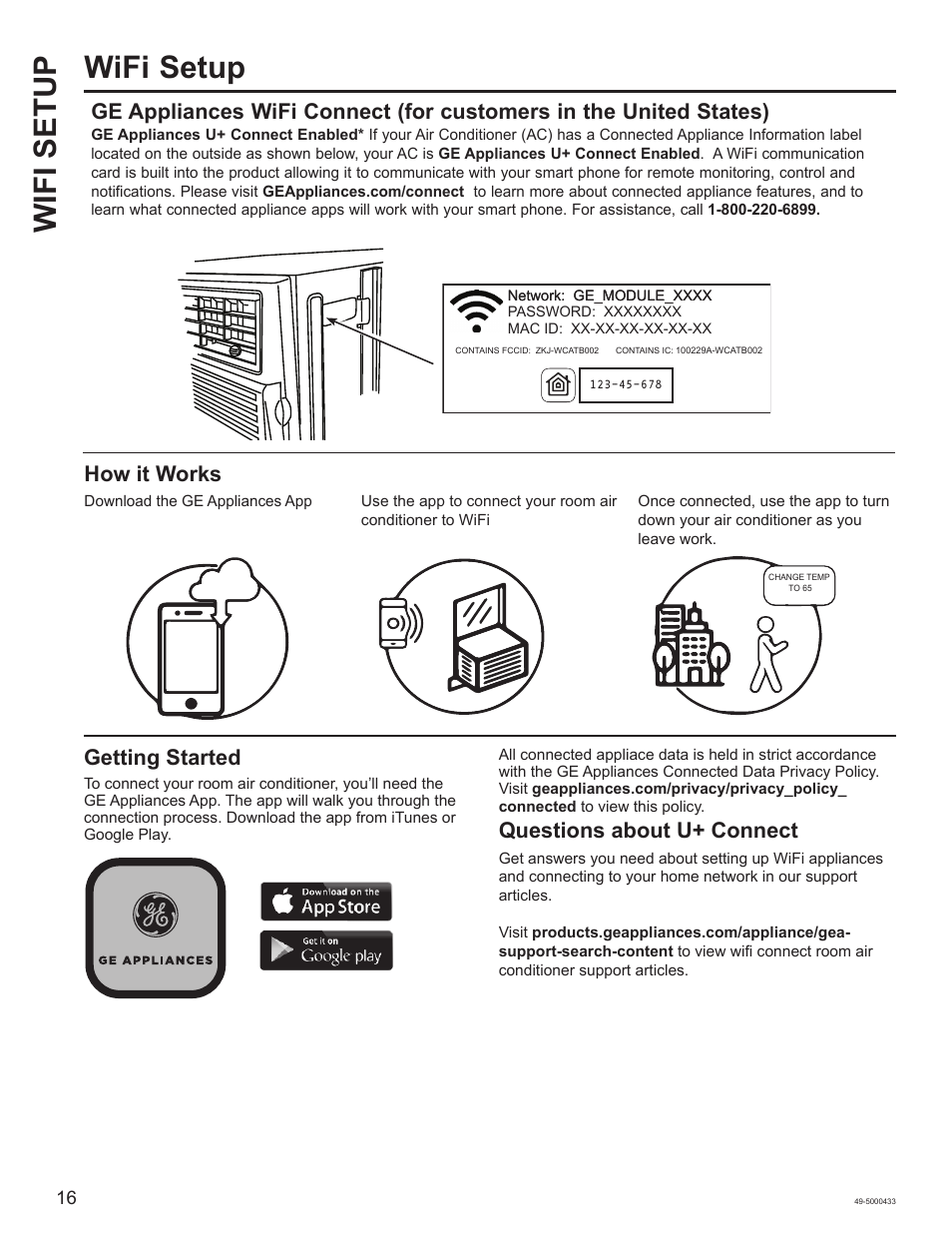 Wifi setup wifi setup, How it works, Getting started | Questions about u+ connect | GE 8,050 BTU Smart Window Air Conditioner Installation Instructions User Manual | Page 16 / 40