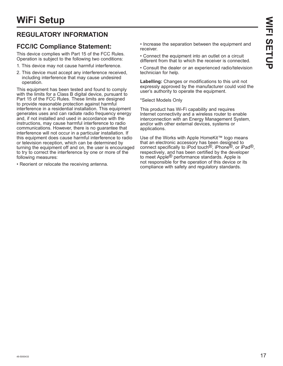 Wifi setup wifi setup, Regulatory information fcc/ic compliance statement | GE 8,050 BTU Smart Window Air Conditioner Installation Instructions User Manual | Page 17 / 40