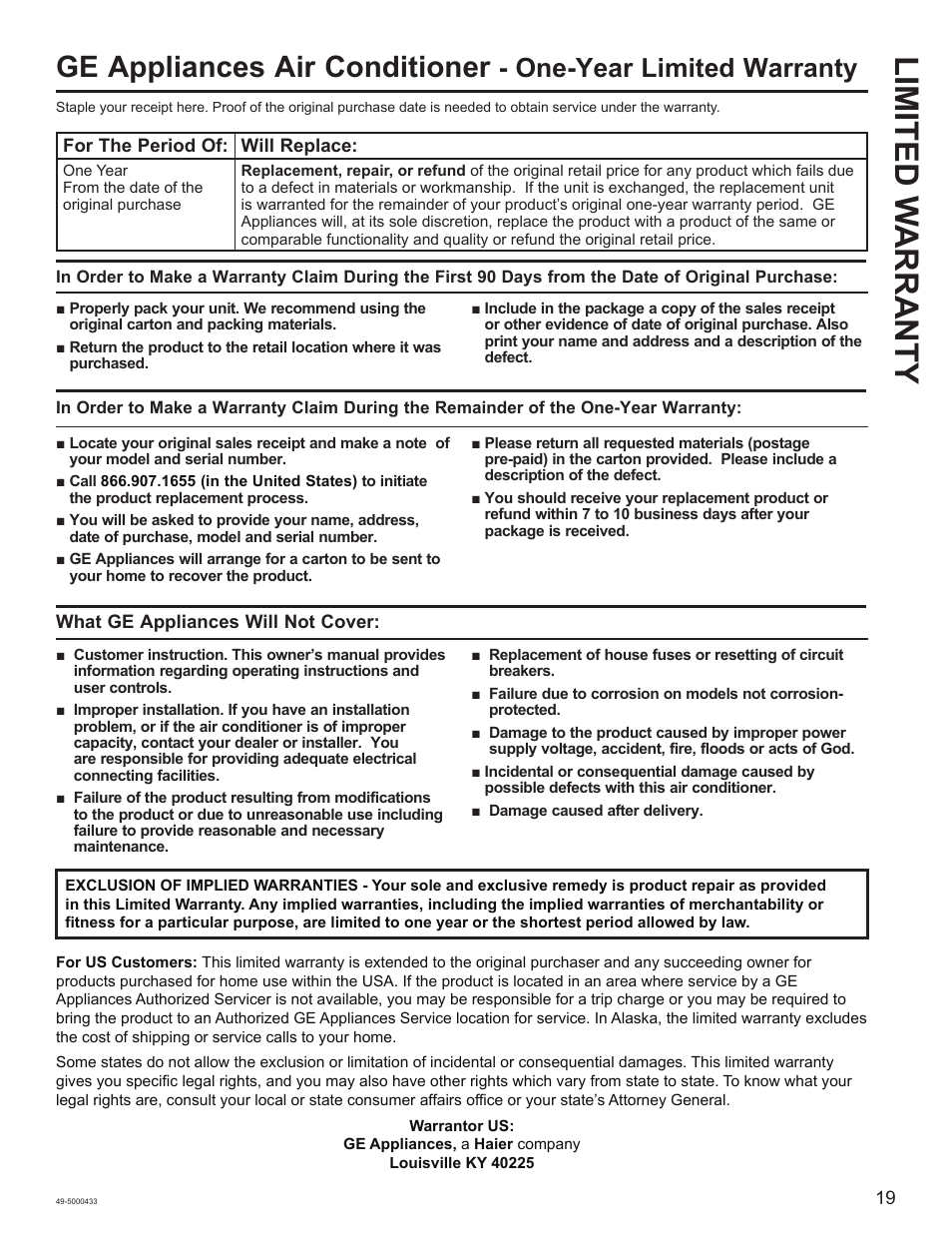 Limited w arranty, Ge appliances air conditioner, One-year limited warranty | GE 8,050 BTU Smart Window Air Conditioner Installation Instructions User Manual | Page 19 / 40