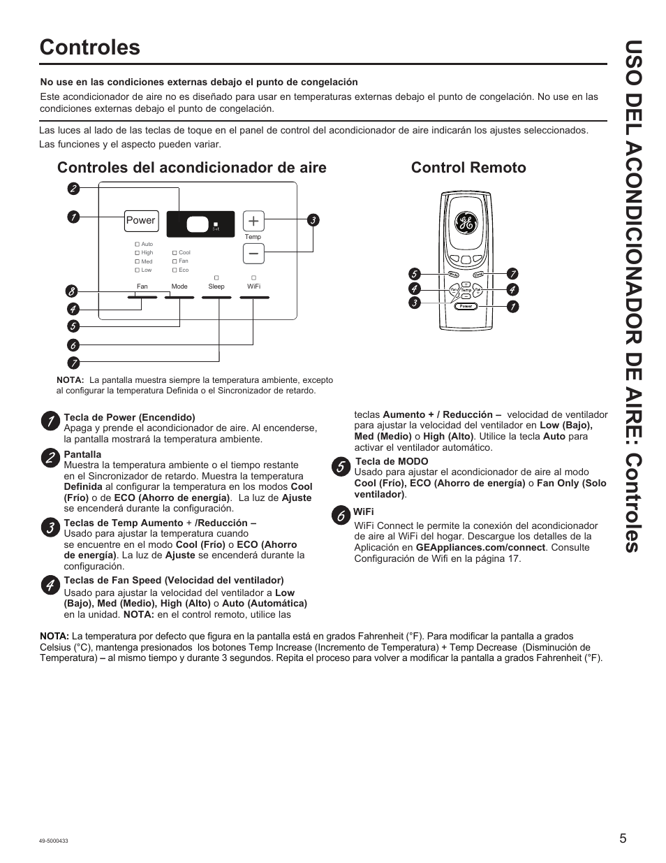 Controles del acondicionador de aire, Control remoto | GE 8,050 BTU Smart Window Air Conditioner Installation Instructions User Manual | Page 25 / 40