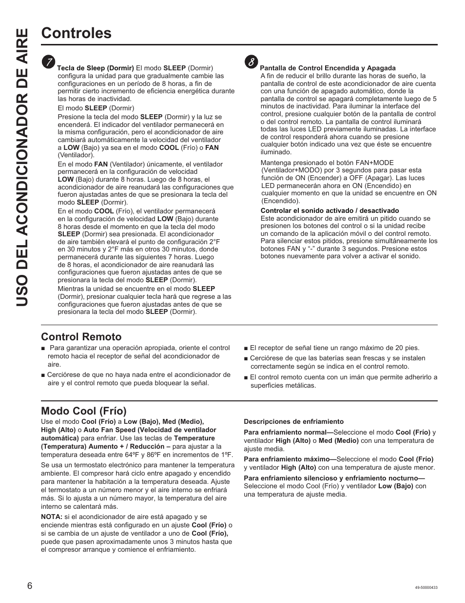 Uso del acondicionador de a ire controles, Control remoto, Modo cool (frío) | GE 8,050 BTU Smart Window Air Conditioner Installation Instructions User Manual | Page 26 / 40