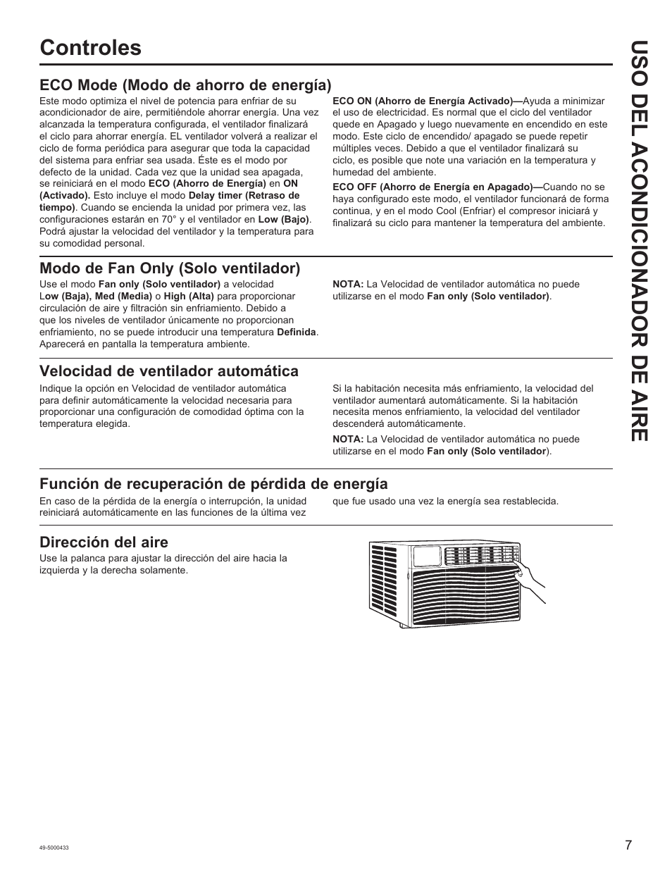 Uso del acondicionador de a ire controles, Eco mode (modo de ahorro de energía), Modo de fan only (solo ventilador) | Velocidad de ventilador automática, Función de recuperación de pérdida de energía, Dirección del aire | GE 8,050 BTU Smart Window Air Conditioner Installation Instructions User Manual | Page 27 / 40