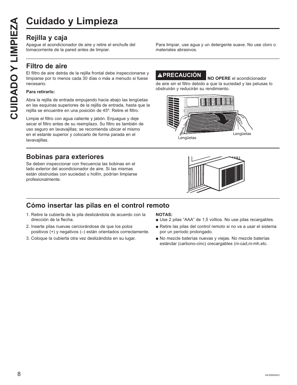 Cuidado y limpieza cuidado y limpieza, Filtro de aire, Rejilla y caja | Bobinas para exteriores, Cómo insertar las pilas en el control remoto | GE 8,050 BTU Smart Window Air Conditioner Installation Instructions User Manual | Page 28 / 40