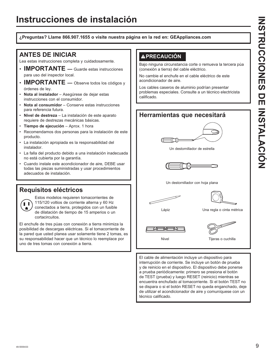 Antes de iniciar, Importante, Requisitos eléctricos | Herramientas que necesitará | GE 8,050 BTU Smart Window Air Conditioner Installation Instructions User Manual | Page 29 / 40