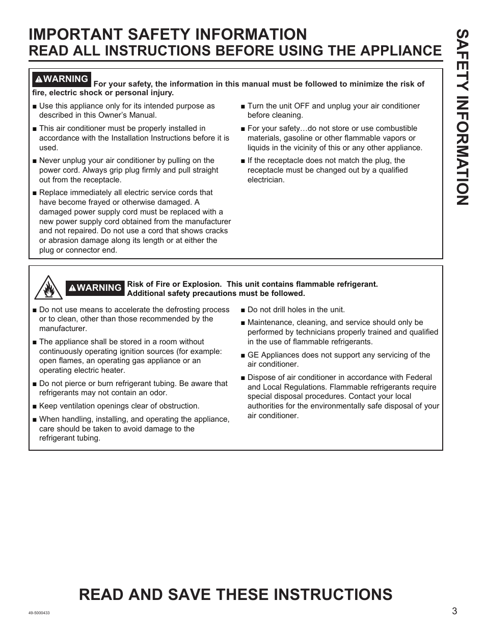 Safety informa tion, Read all instructions before using the appliance | GE 8,050 BTU Smart Window Air Conditioner Installation Instructions User Manual | Page 3 / 40