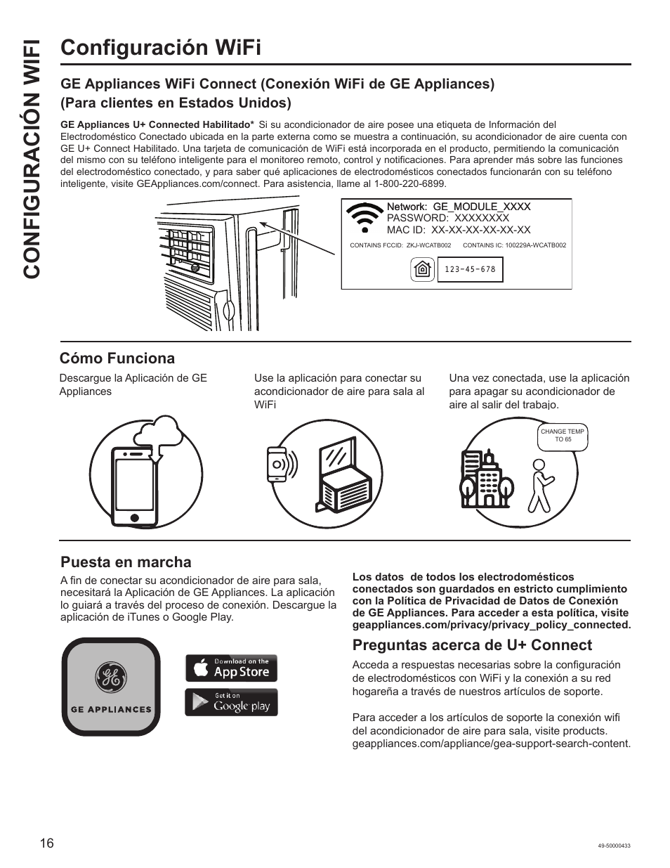 Configuración wifi configuración wifi, Cómo funciona, Puesta en marcha | Preguntas acerca de u+ connect | GE 8,050 BTU Smart Window Air Conditioner Installation Instructions User Manual | Page 36 / 40