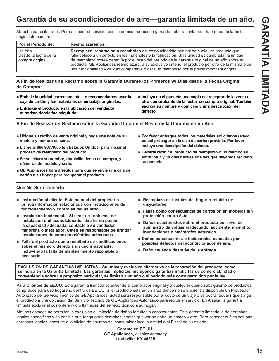 Garantía limit ada | GE 8,050 BTU Smart Window Air Conditioner Installation Instructions User Manual | Page 39 / 40