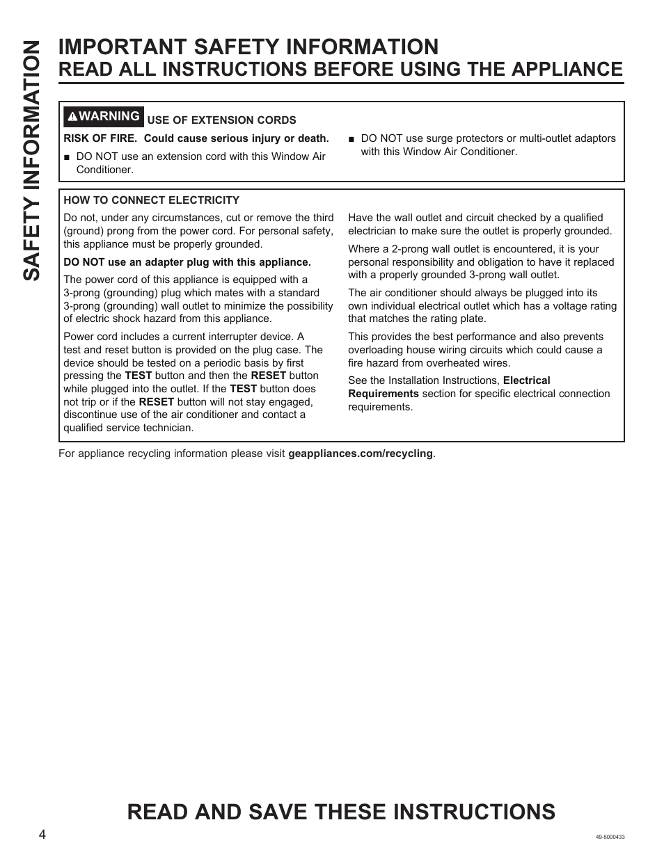 Important safety information, Read and save these instructions, Safety informa t ion | Read all instructions before using the appliance | GE 8,050 BTU Smart Window Air Conditioner Installation Instructions User Manual | Page 4 / 40