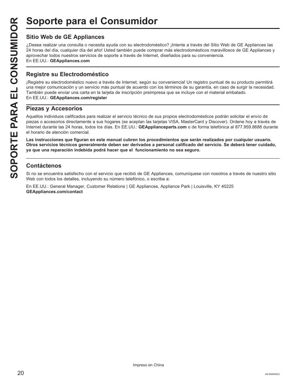 Soporte p ara el consumidor, Soporte para el consumidor | GE 8,050 BTU Smart Window Air Conditioner Installation Instructions User Manual | Page 40 / 40